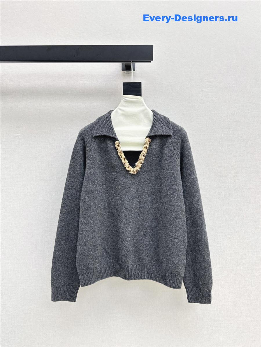 Pra*a lapel v-neck trim sweater grey