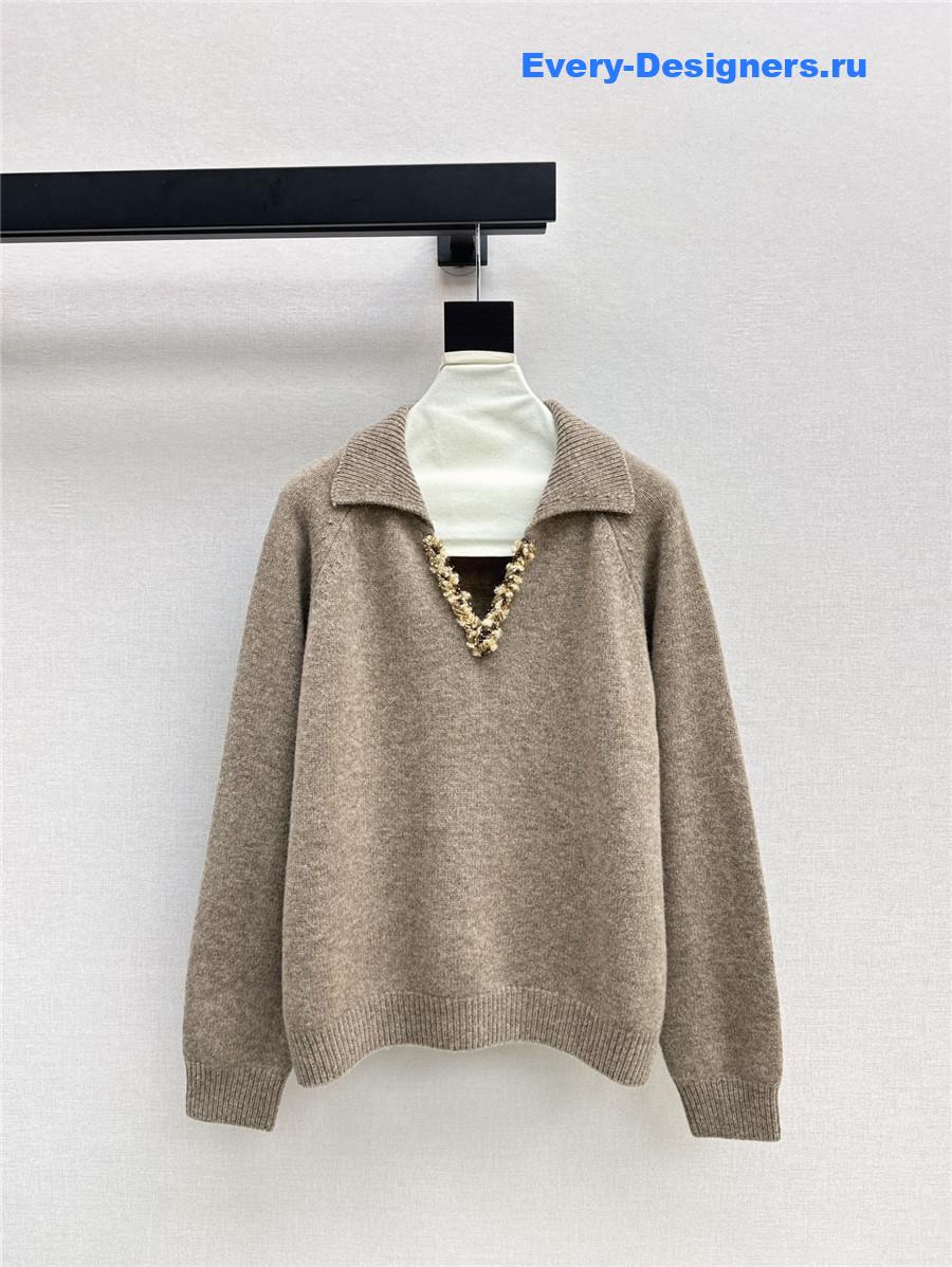 Pra*a lapel v-neck trim sweater beige