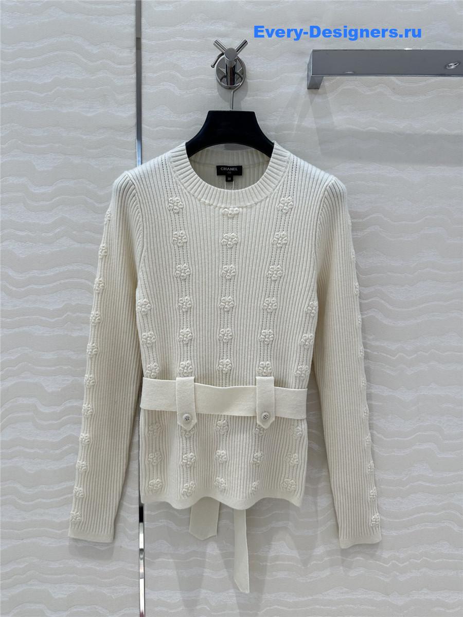 Ch**el belted jacquard rib sweater white