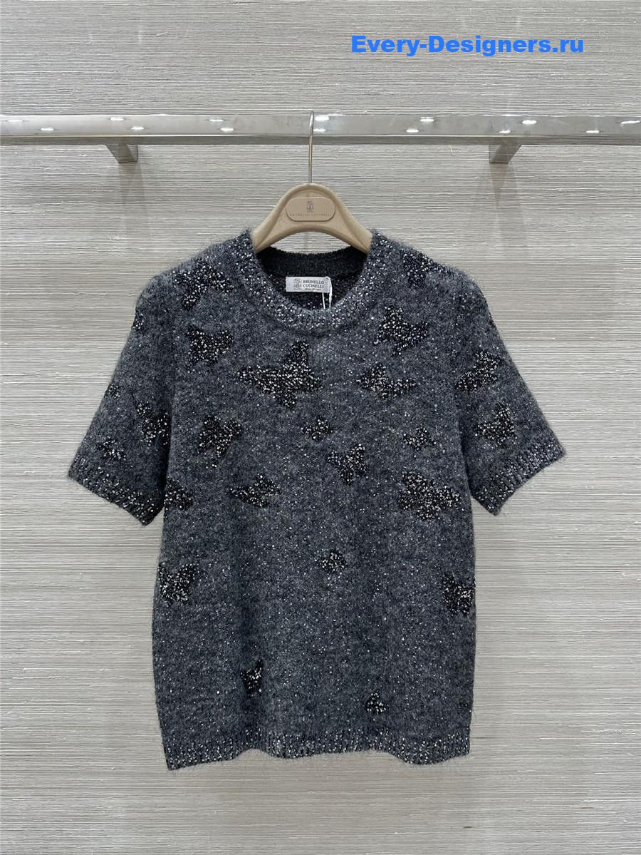 BC Embellished Short-Sleeve Mohair Top in Grey