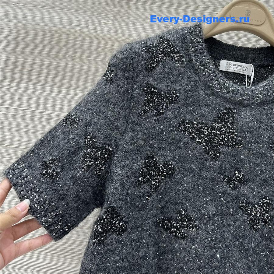 BC Embellished Short-Sleeve Mohair Top in Grey