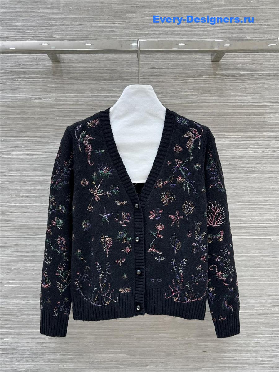 D10r floral embroidery rib-knit cardigan black