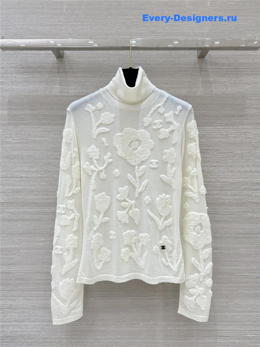 Ch**el embroidered turtleneck knit sweater in white