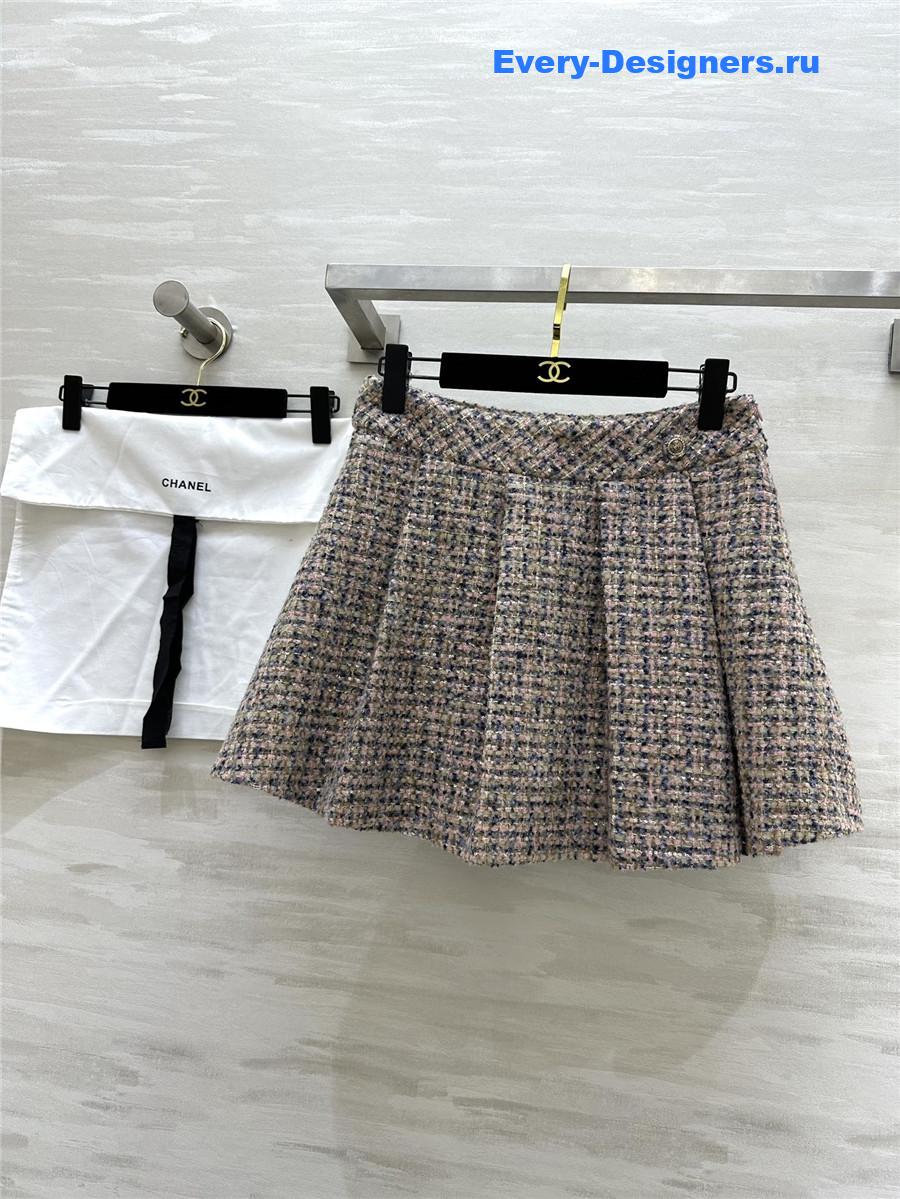 Ch**el wool-woven soft tweed pleated skirt