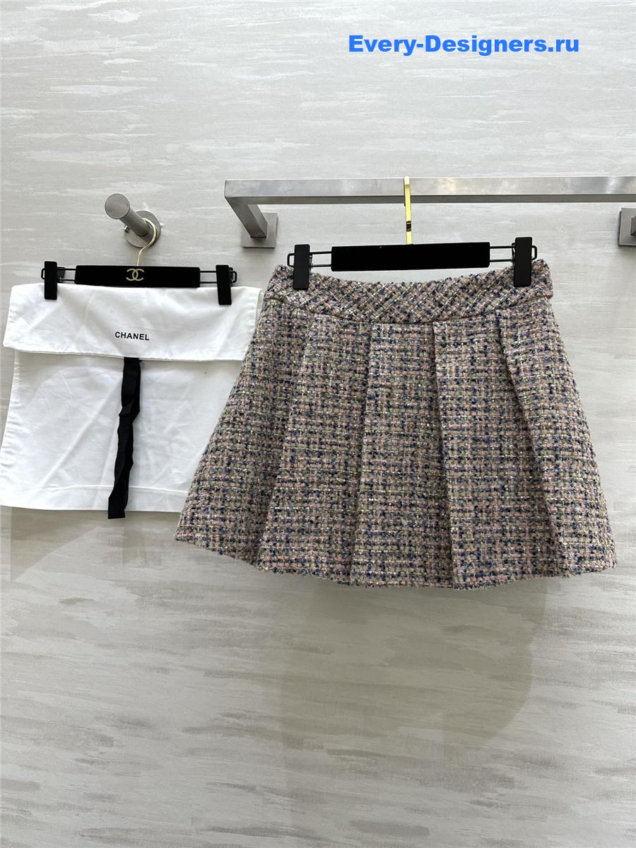 Ch**el wool-woven soft tweed pleated skirt