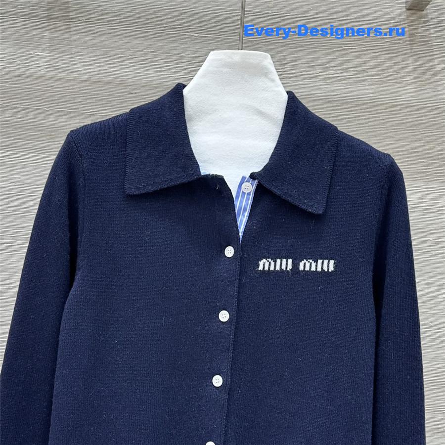 Miu Miu Logo-Intarsia Cashmere Cardigan in Navy