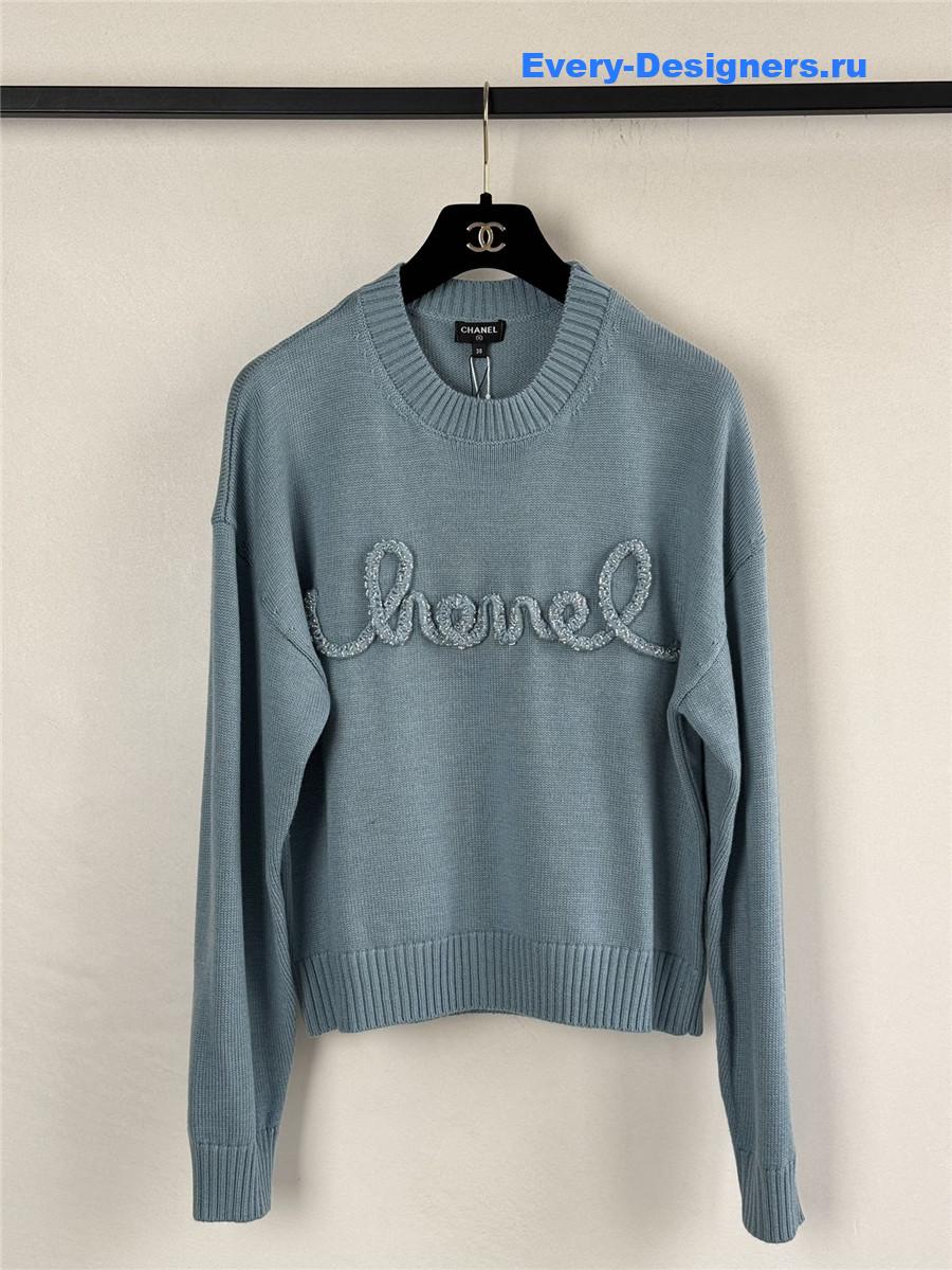 Ch**el logo crewneck rib-knit sweater turquoise