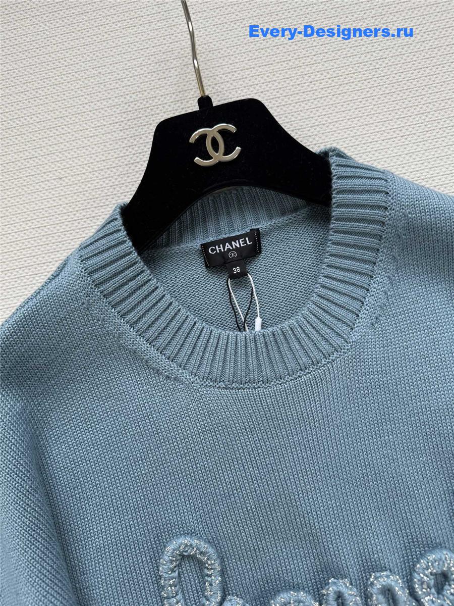 Ch**el logo crewneck rib-knit sweater turquoise