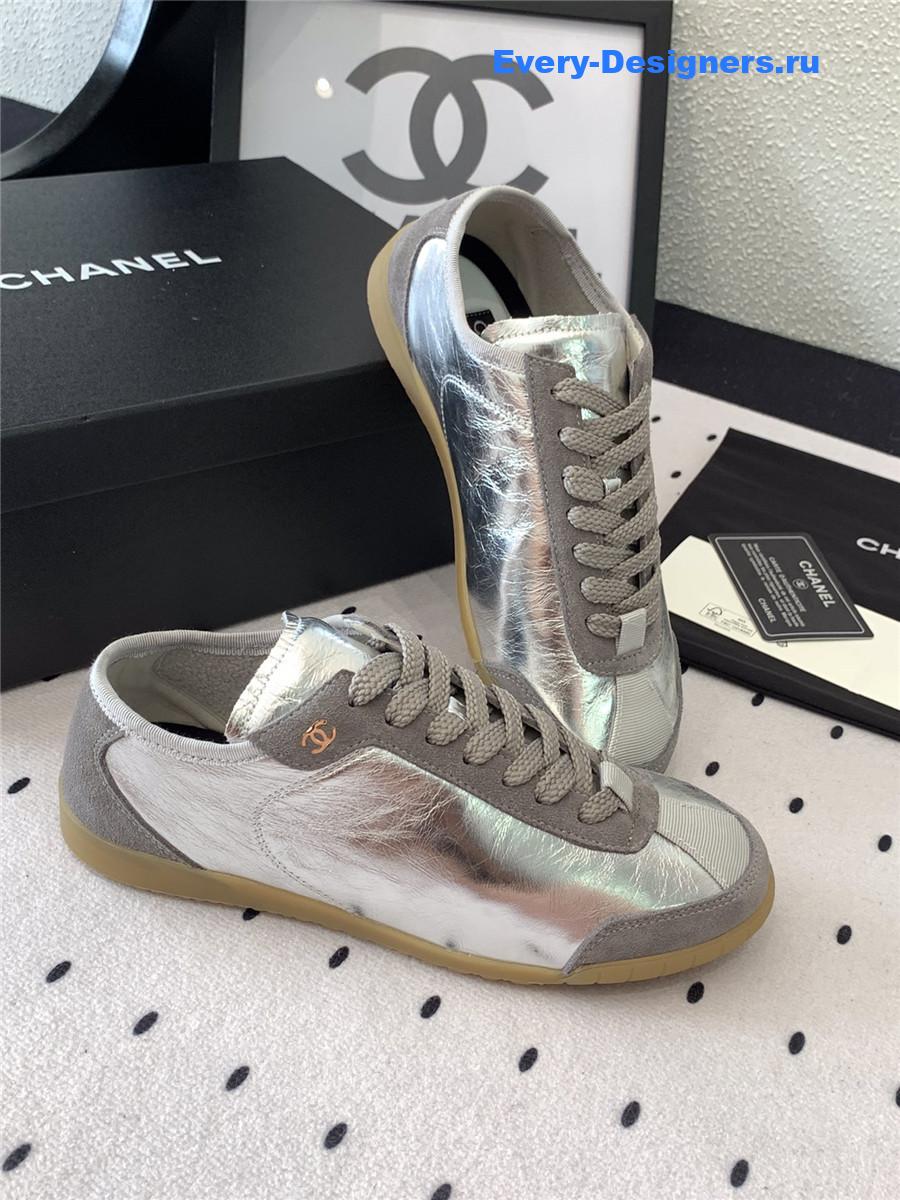 Ch**el silver lace up calfskin trainers