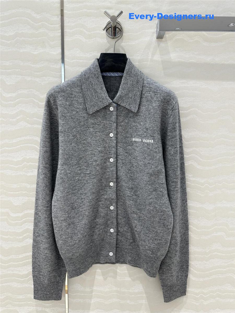 Miu Miu Cashmere Polo Collar Cardigan Gray