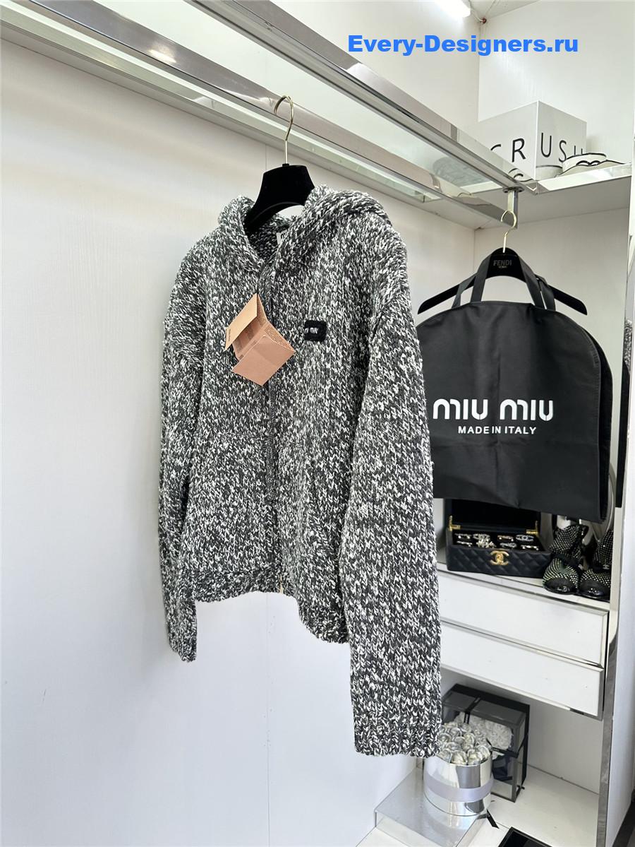 Miu Miu Gray Knitted Hooded Cardigan