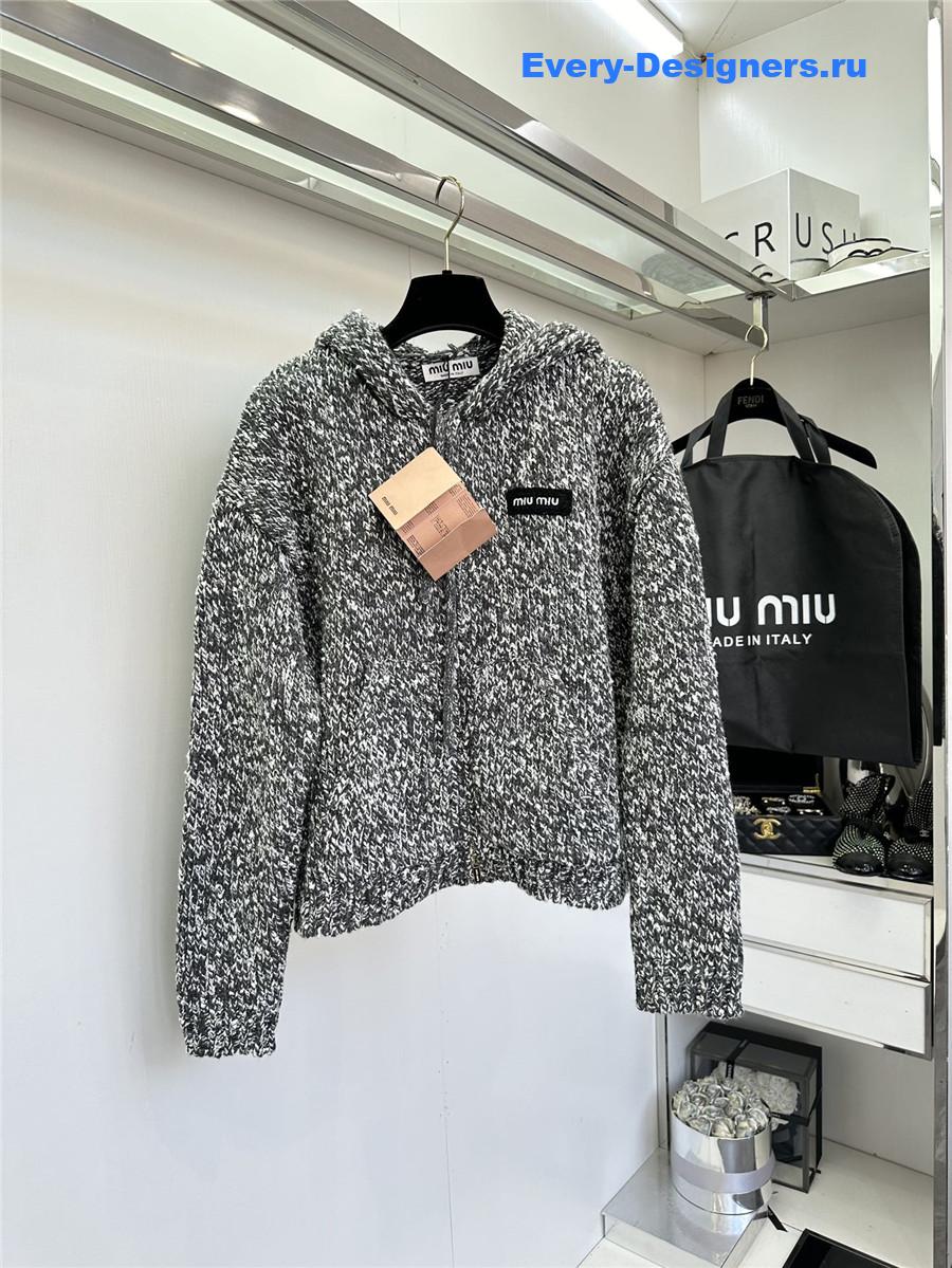 Miu Miu Gray Knitted Hooded Cardigan