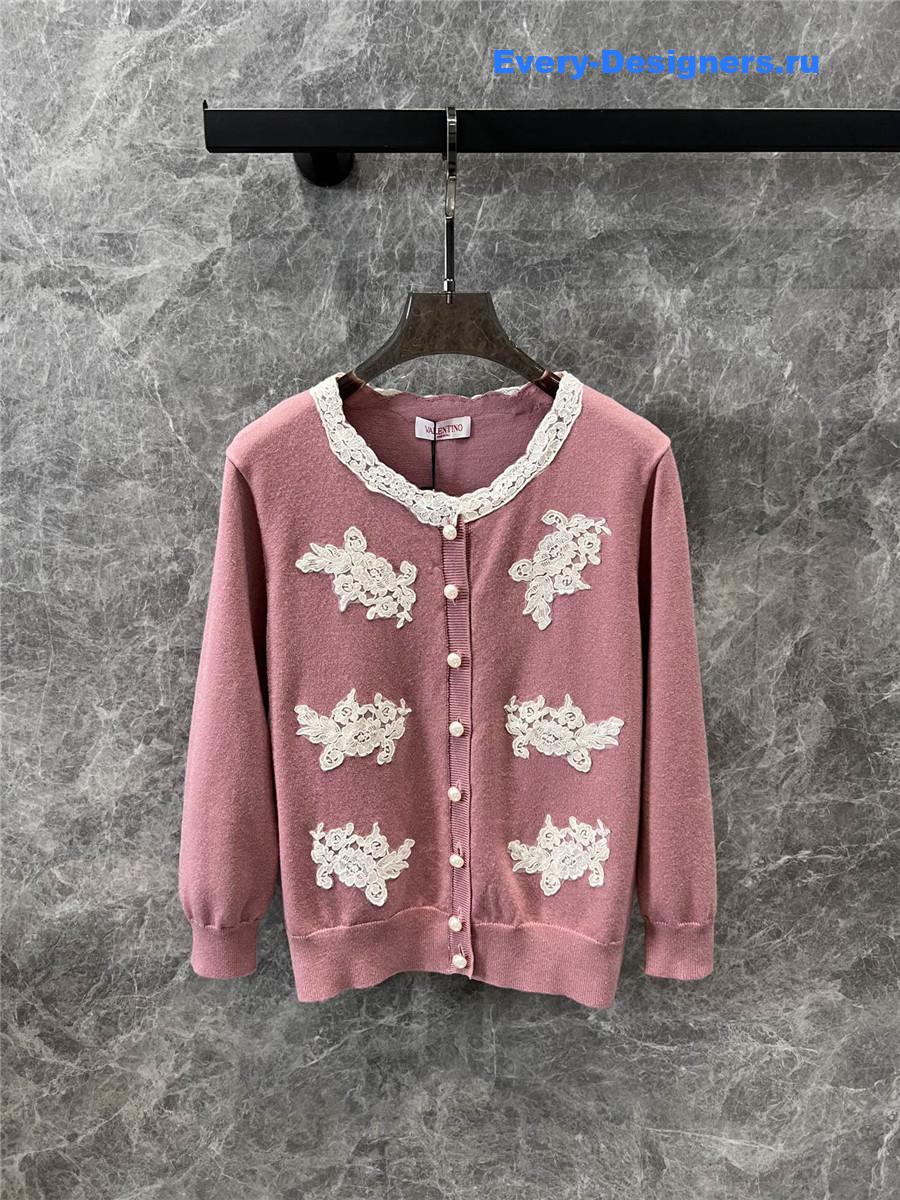 Va1e*ntin0 garavani lace-trim cardigan in pink