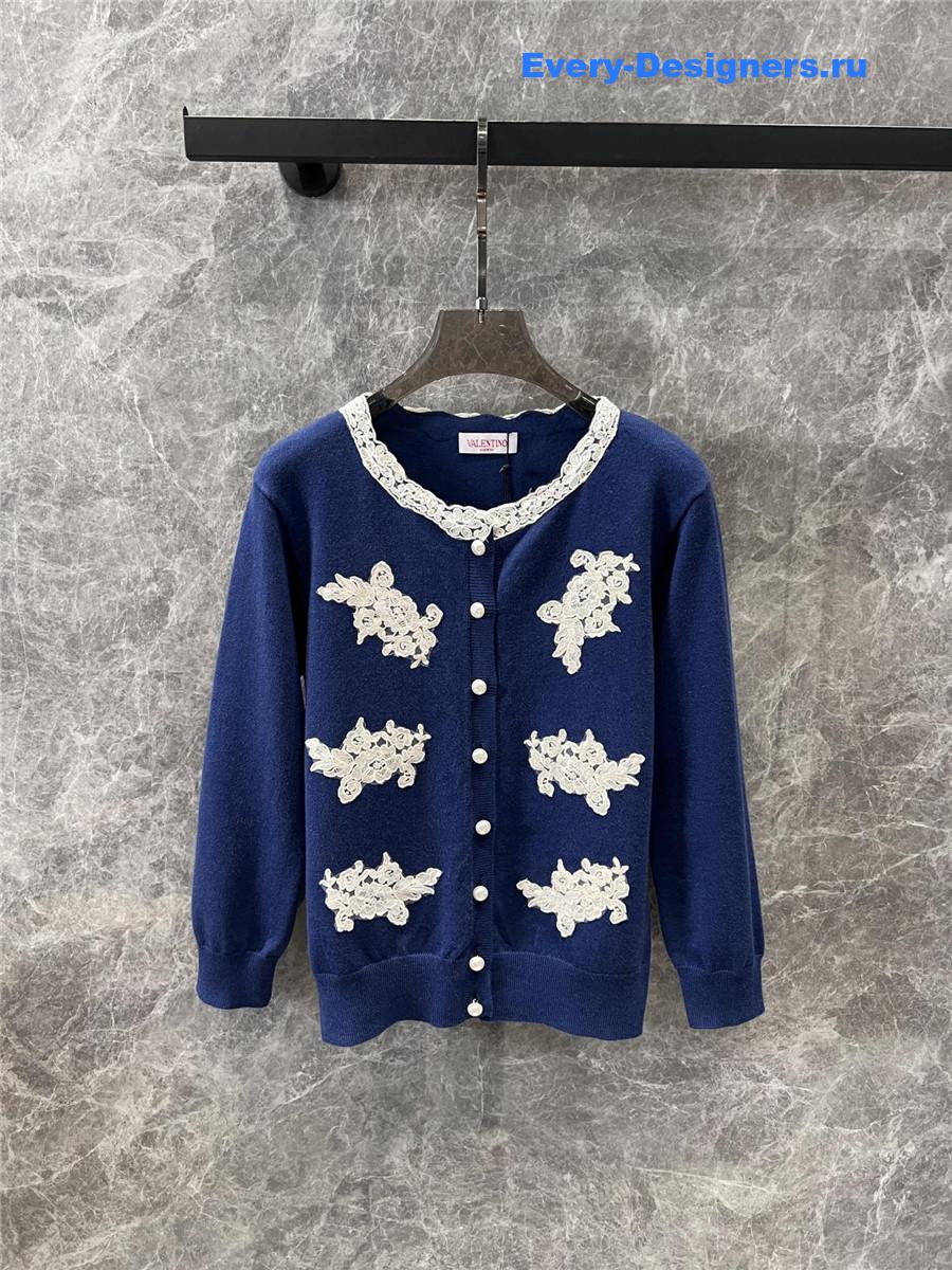 Va1e*ntin0 garavani lace-trim cardigan in blue