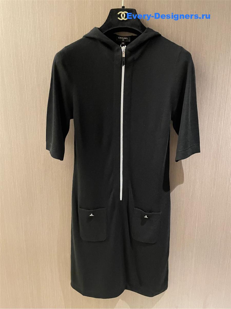 Ch**el zip hooded dress black