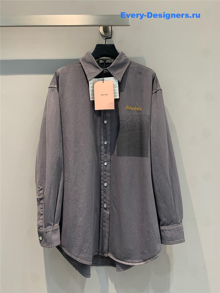 Miu Miu Embroidered Logo Grey Denim Shirt