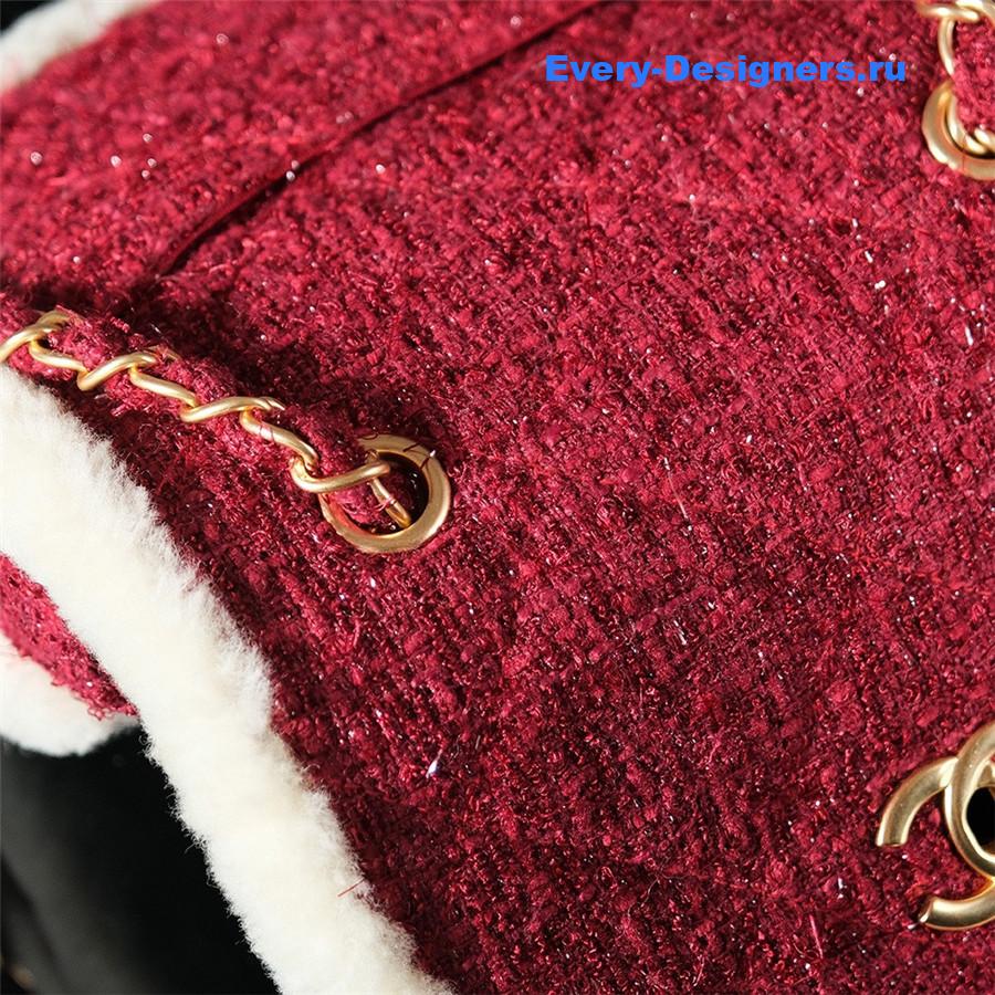 Ch**el tweed shearling shoulder bag burgundy