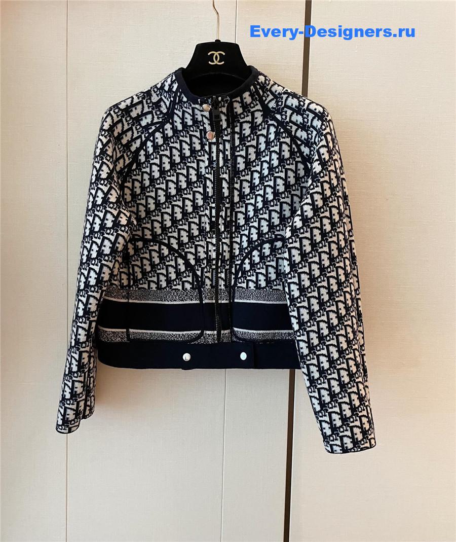 D10r oblique knitted wool zip-up jacket blue