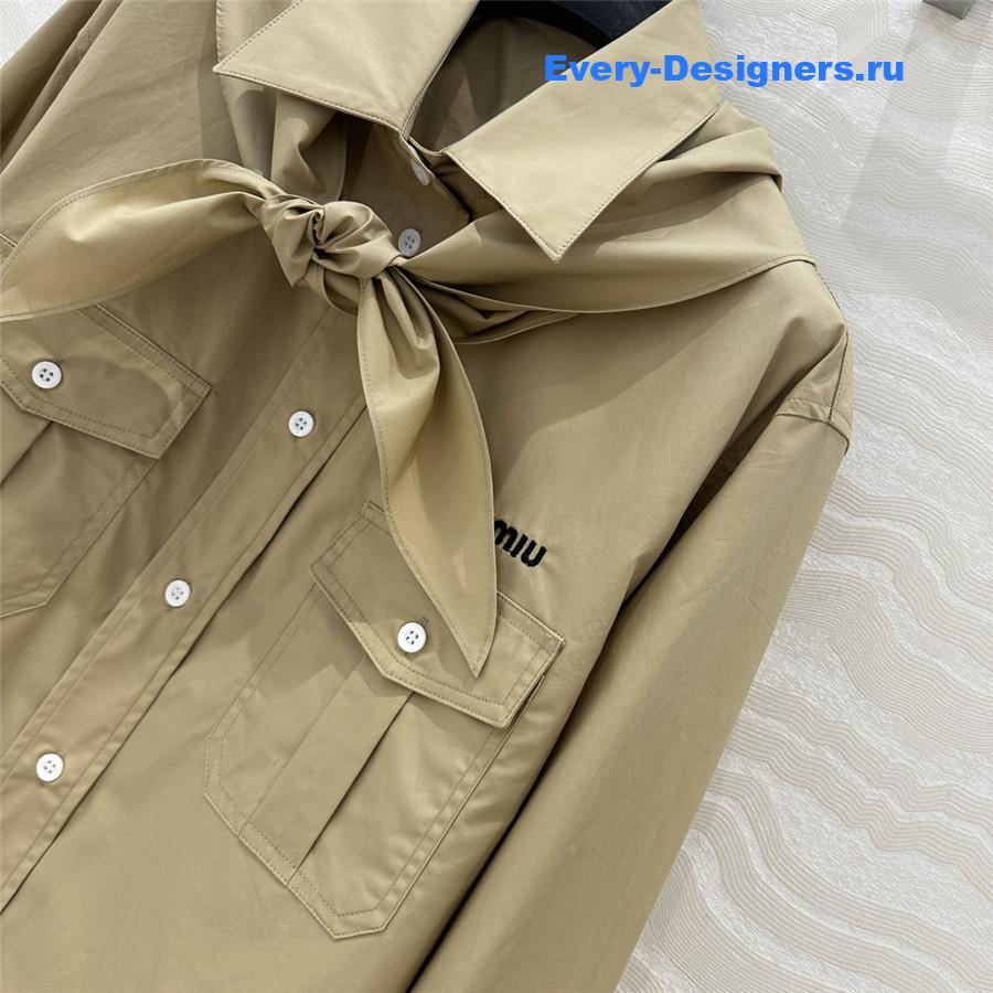 Miu Miu Embroidered Logo Scarf Tie Shirt Beige