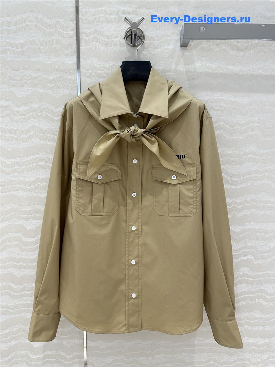 Miu Miu Embroidered Logo Scarf Tie Shirt Beige