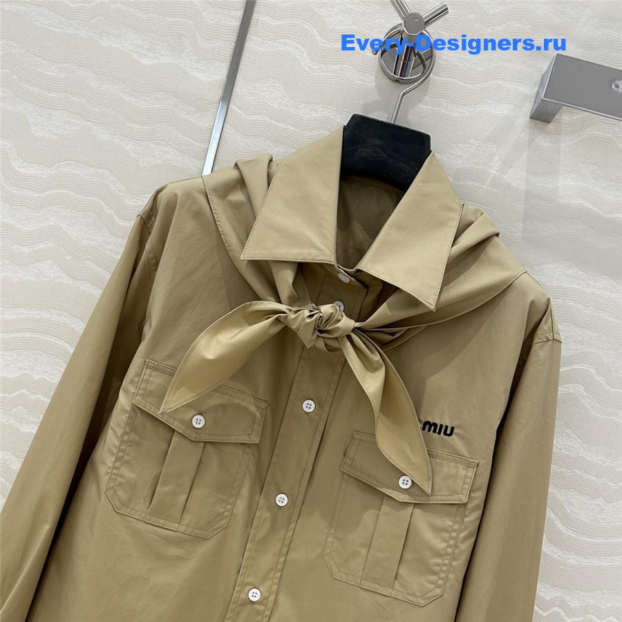 Miu Miu Embroidered Logo Scarf Tie Shirt Beige