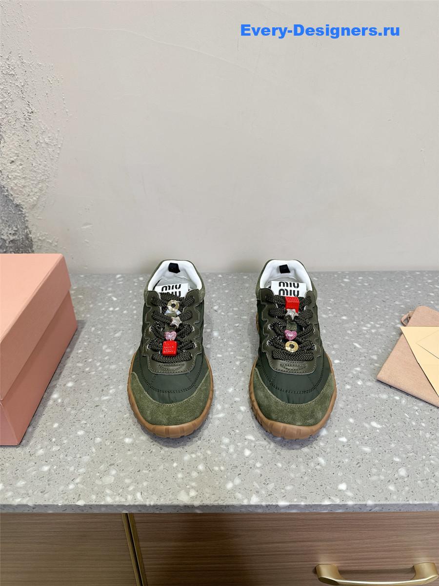 Miu Miu Ivory Tyre Technical Fabric Suede Sneakers Green