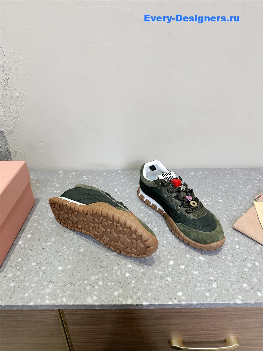 Miu Miu Ivory Tyre Technical Fabric Suede Sneakers Green