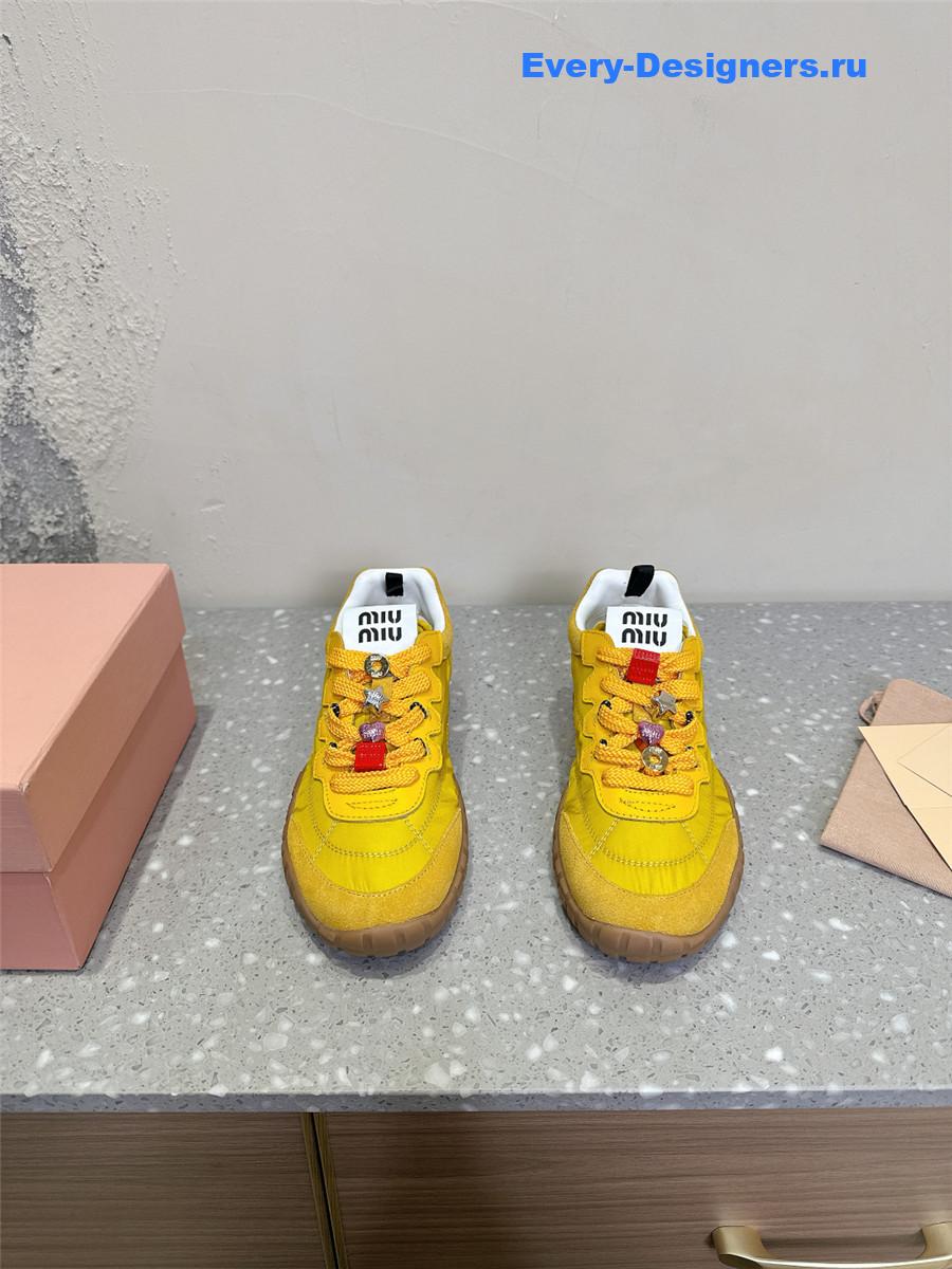 Miu Miu Ivory Tyre Technical Fabric Suede Sneakers Yellow