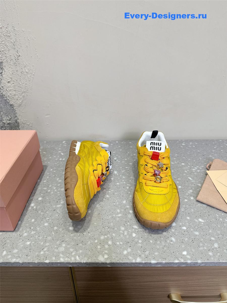 Miu Miu Ivory Tyre Technical Fabric Suede Sneakers Yellow