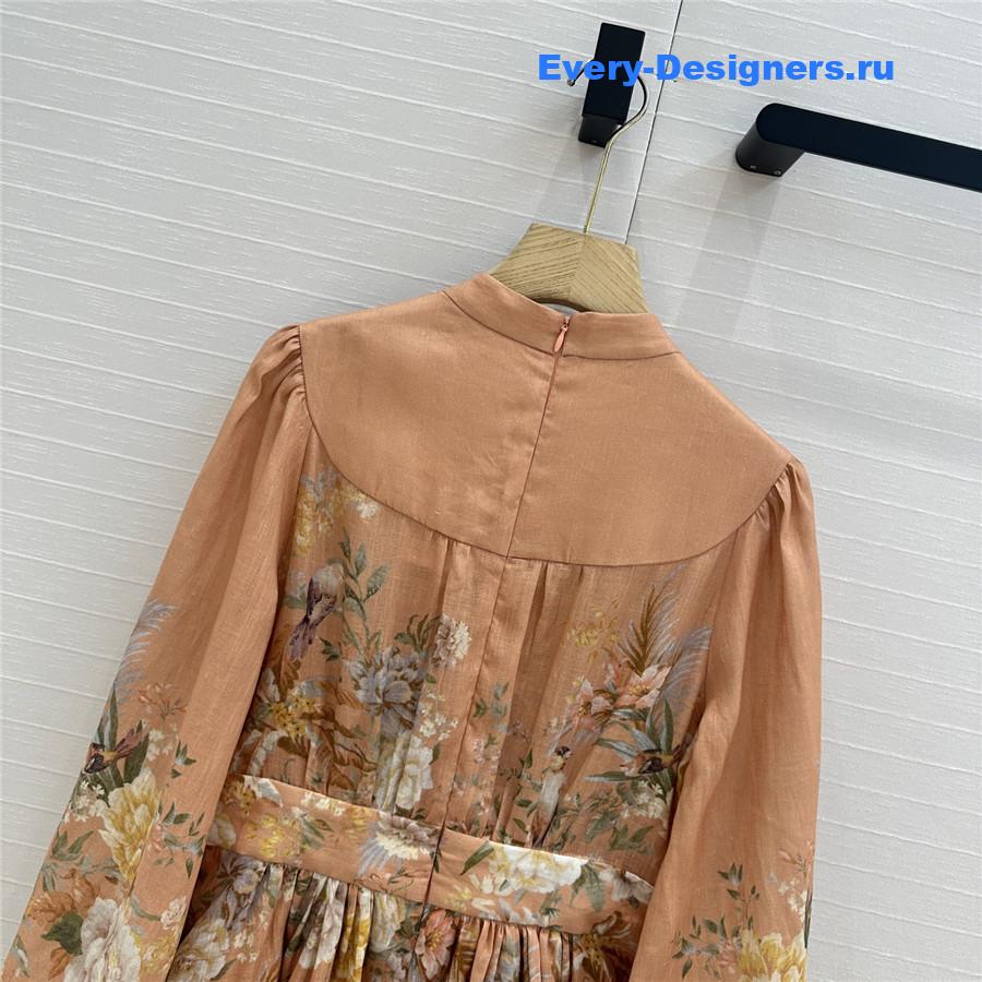 Zimm Tallow Pleated Floral-Print Linen Mini Dress