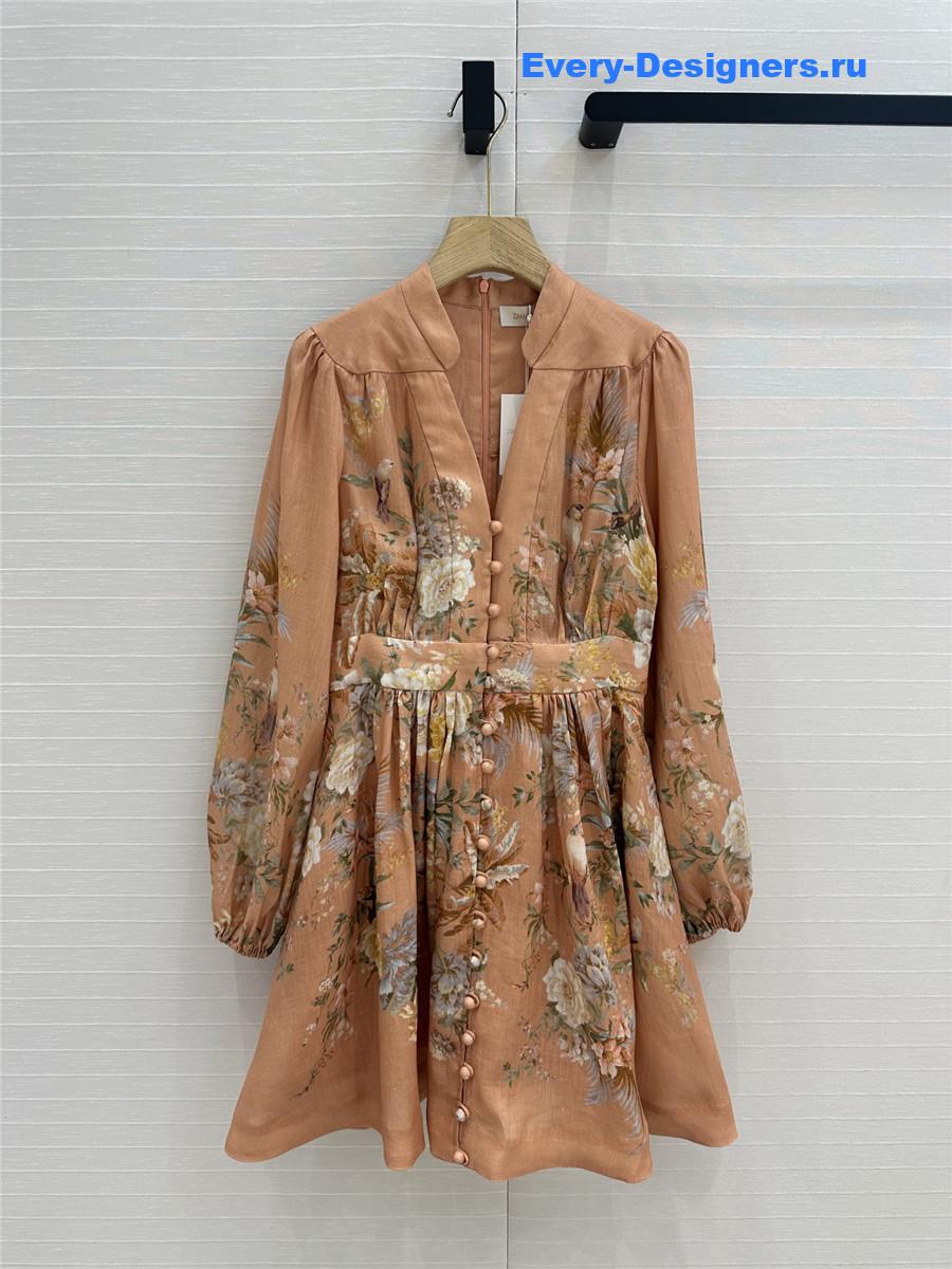 Zimm Tallow Pleated Floral-Print Linen Mini Dress