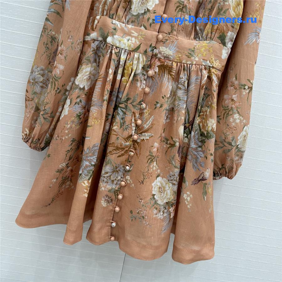 Zimm Tallow Pleated Floral-Print Linen Mini Dress