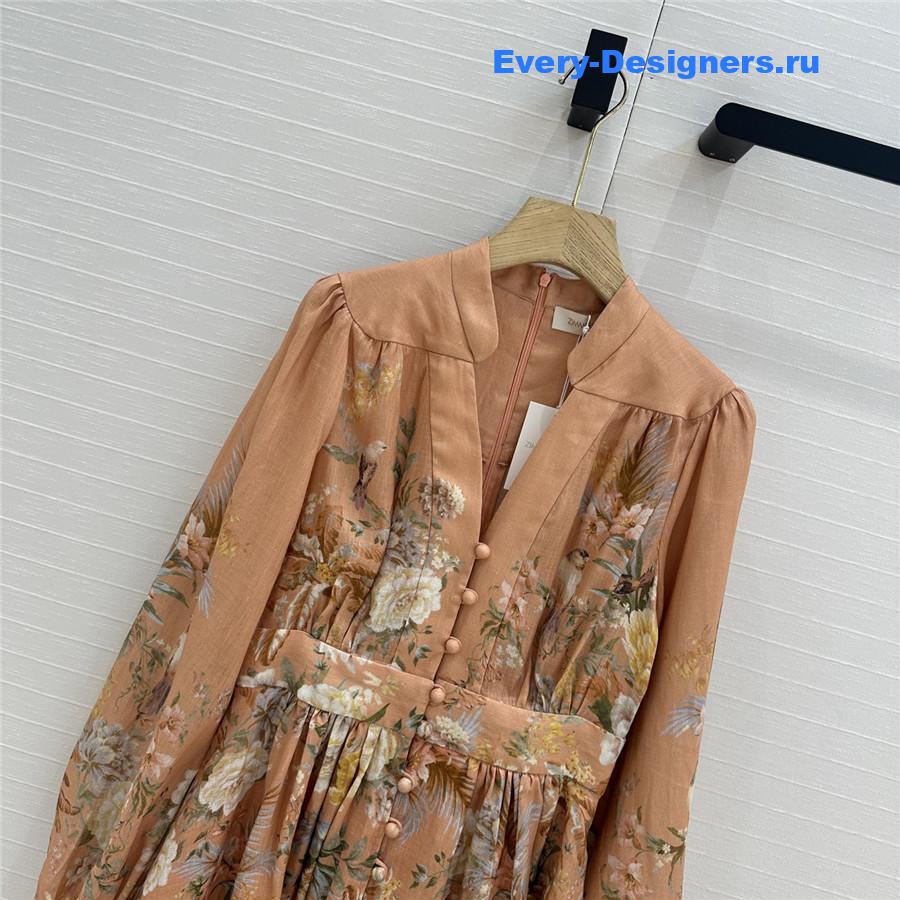 Zimm Tallow Pleated Floral-Print Linen Mini Dress