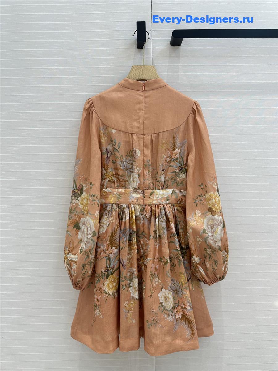 Zimm Tallow Pleated Floral-Print Linen Mini Dress