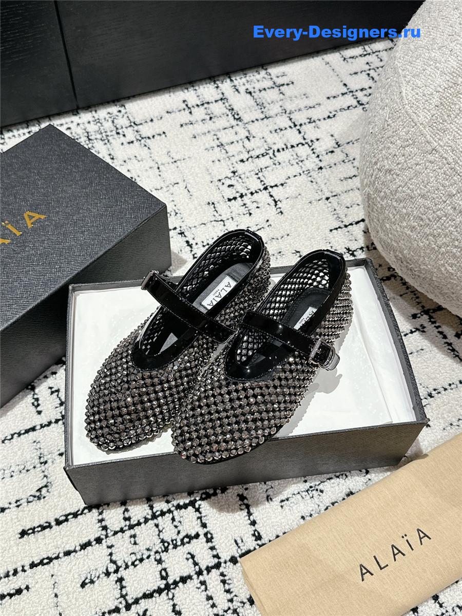 Alaia Embellished Black Mesh Ballet Flats