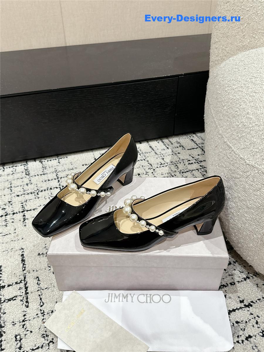 J1m*y Ch00 black patent leather bing pump flat