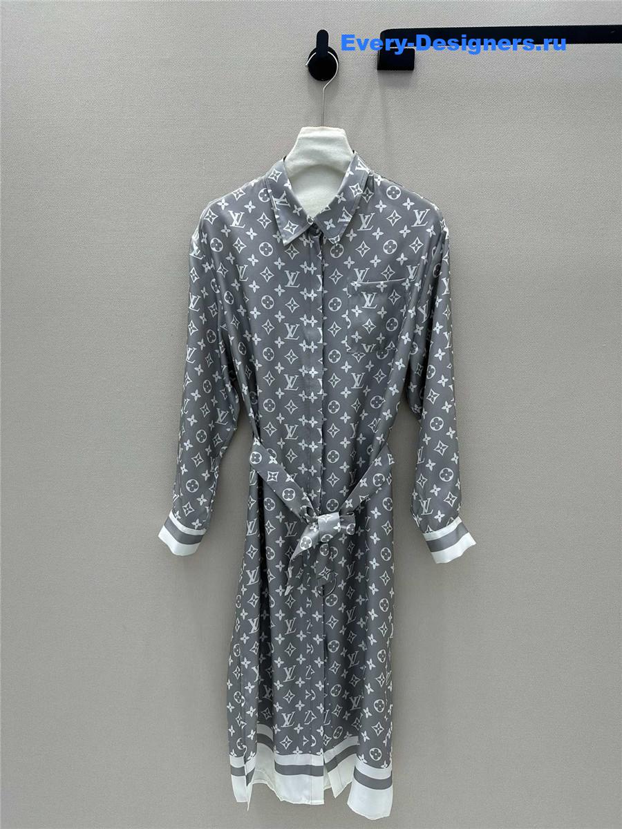 l0vis Vvtt0n lv monogram print silk shirt dress