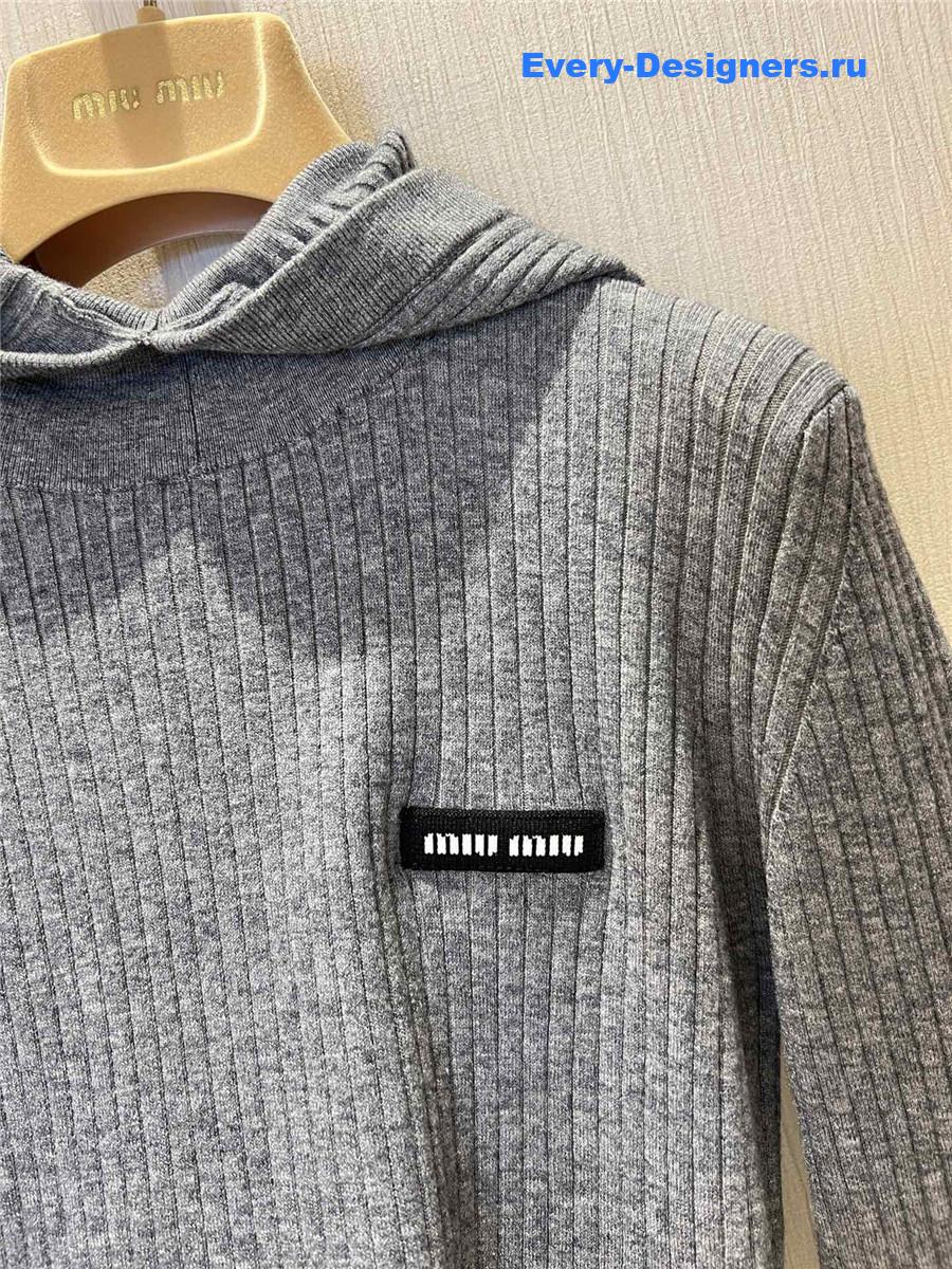 Miu Miu Logo Grey Tight Long Sleeve Hooded Sweater