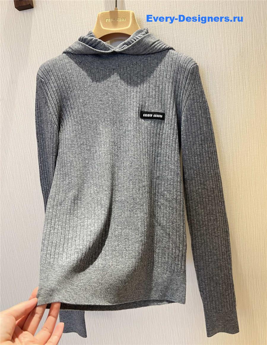 Miu Miu Logo Grey Tight Long Sleeve Hooded Sweater