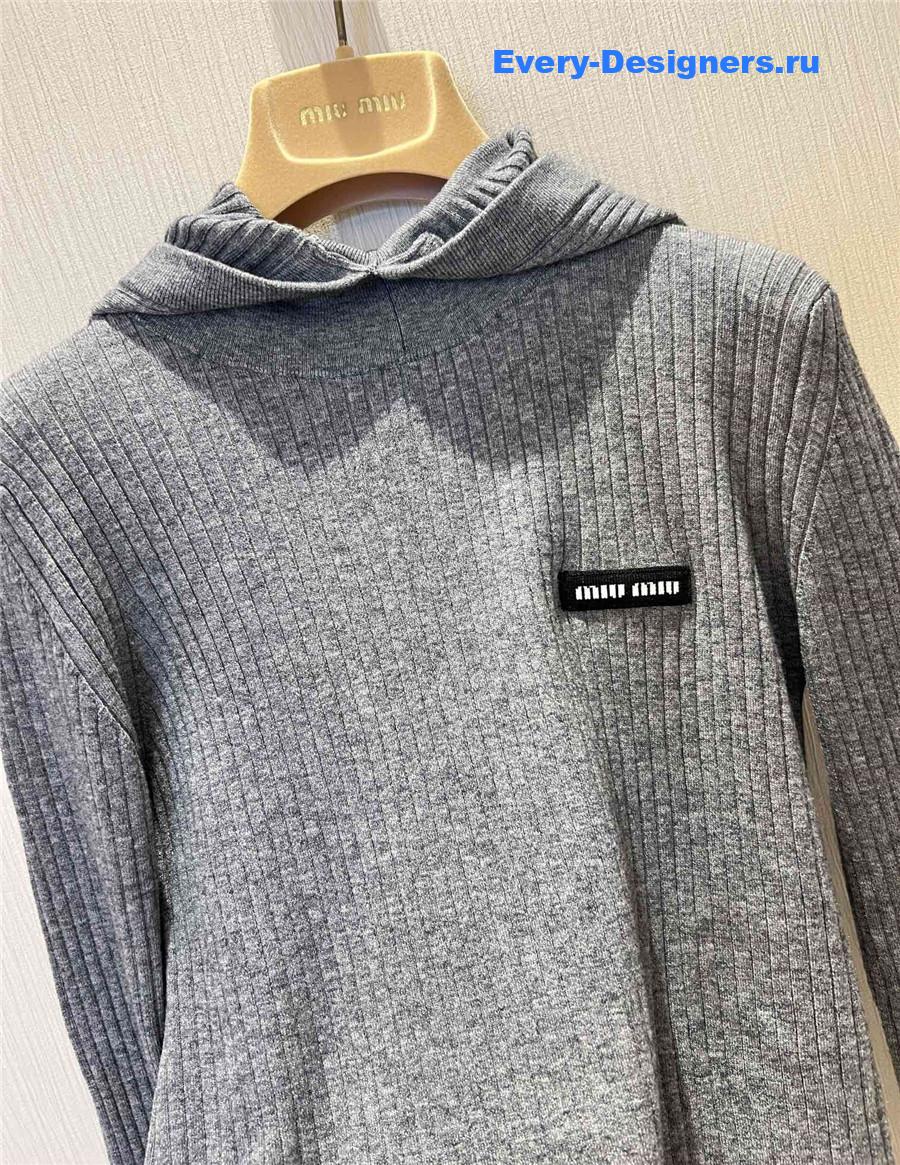 Miu Miu Logo Grey Tight Long Sleeve Hooded Sweater