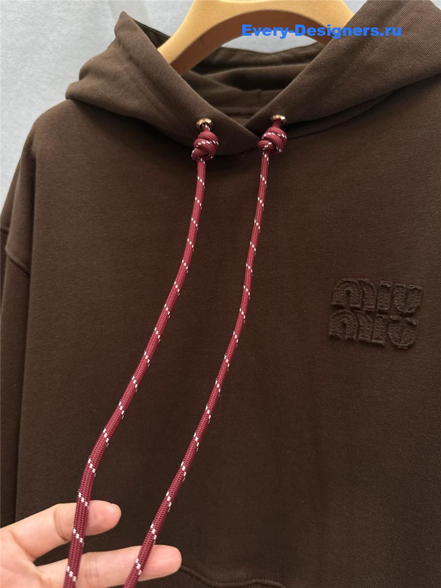 Miu Miu Logo Hoodie in brown cotton with drawstring