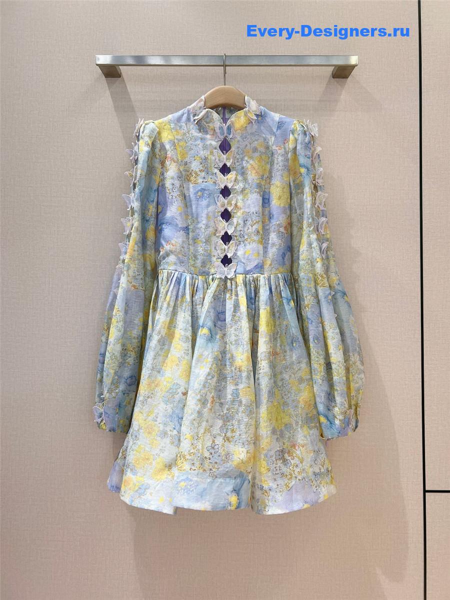 Zimm Flutter Butterfly Lace Long Sleeve Linen Dress