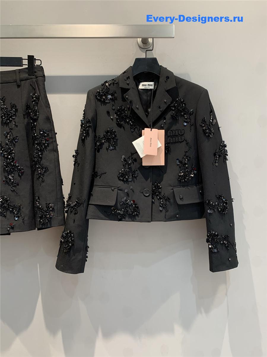 Miu Miu Tonal Floral Sequined Logo Mohair Wool Blazer