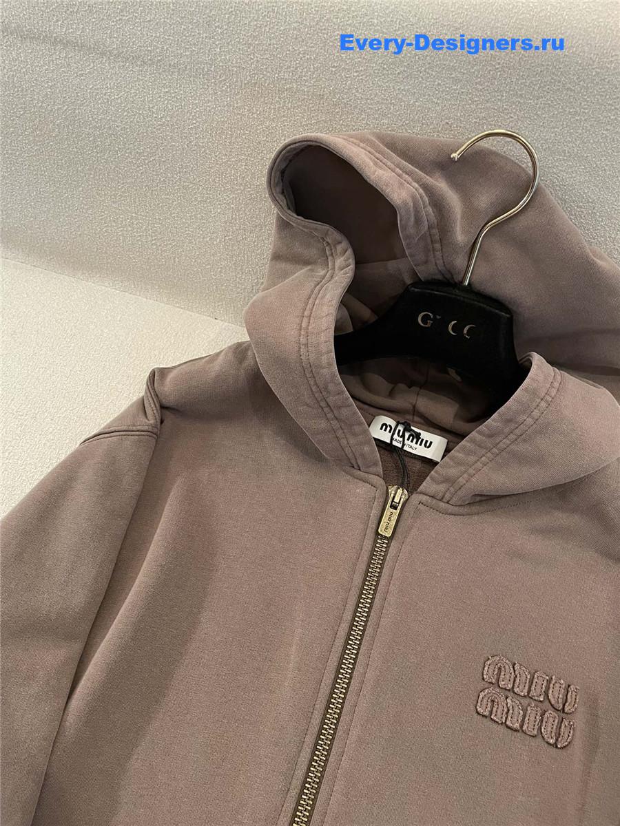 Miu Miu Logo Zip-Up Hoodie in Brown