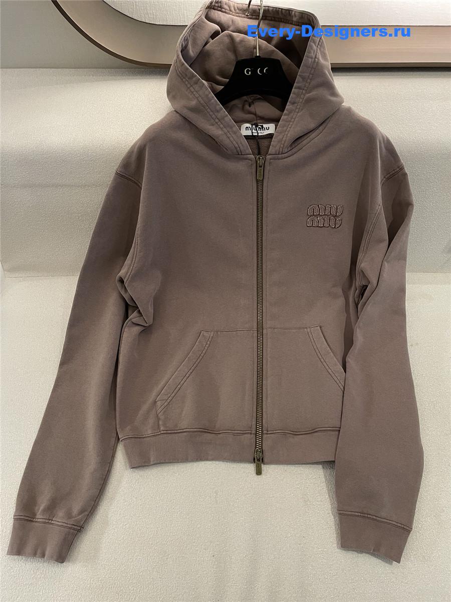 Miu Miu Logo Zip-Up Hoodie in Brown