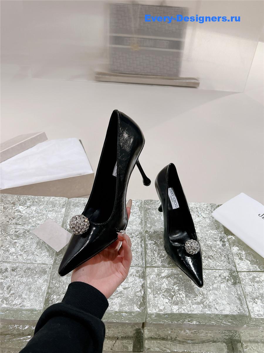 J1m*y Ch00 orb 95 embellished patent leather pumps in black