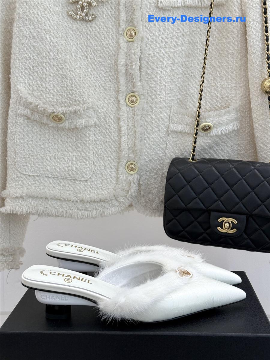 Ch**el rabbit fur pointed toe mules white