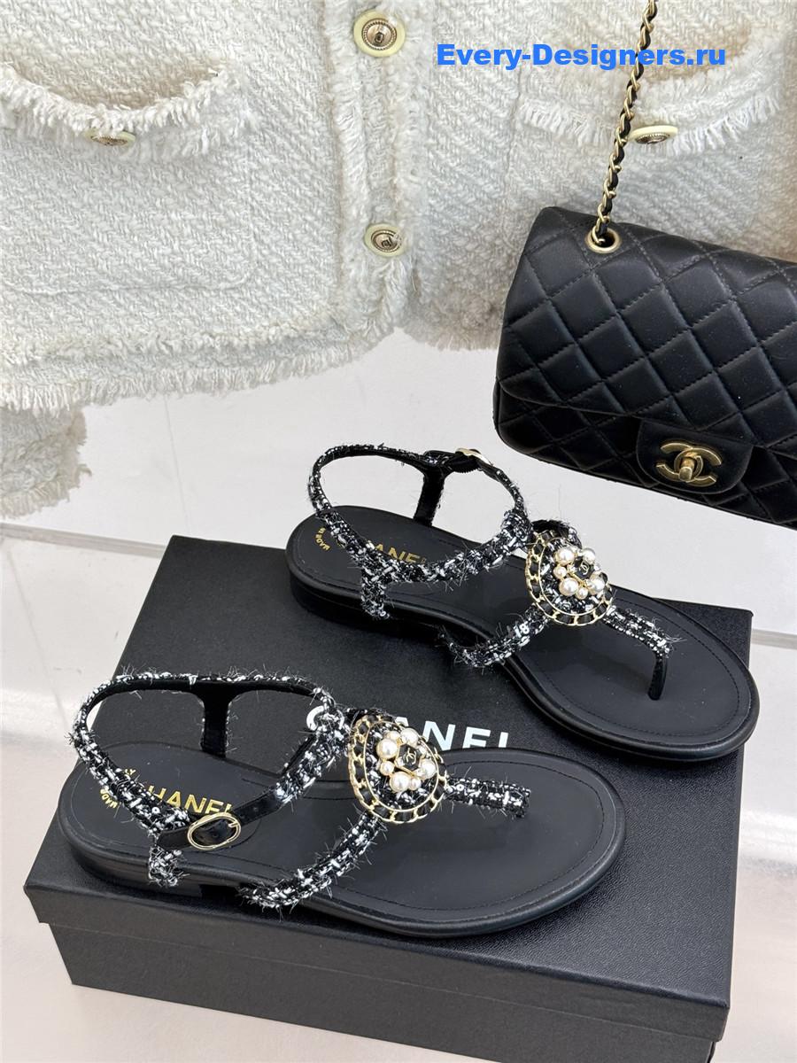 Ch**el camellia pearl tweed flip flops