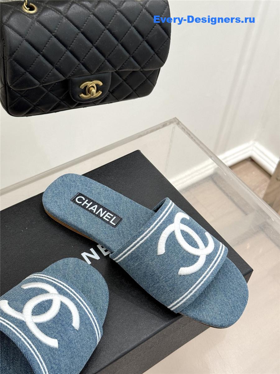 Ch**el light blue denim embroidery flat slippers