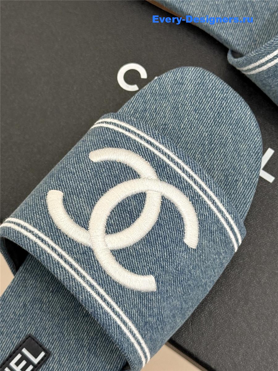 Ch**el light blue denim embroidery flat slippers